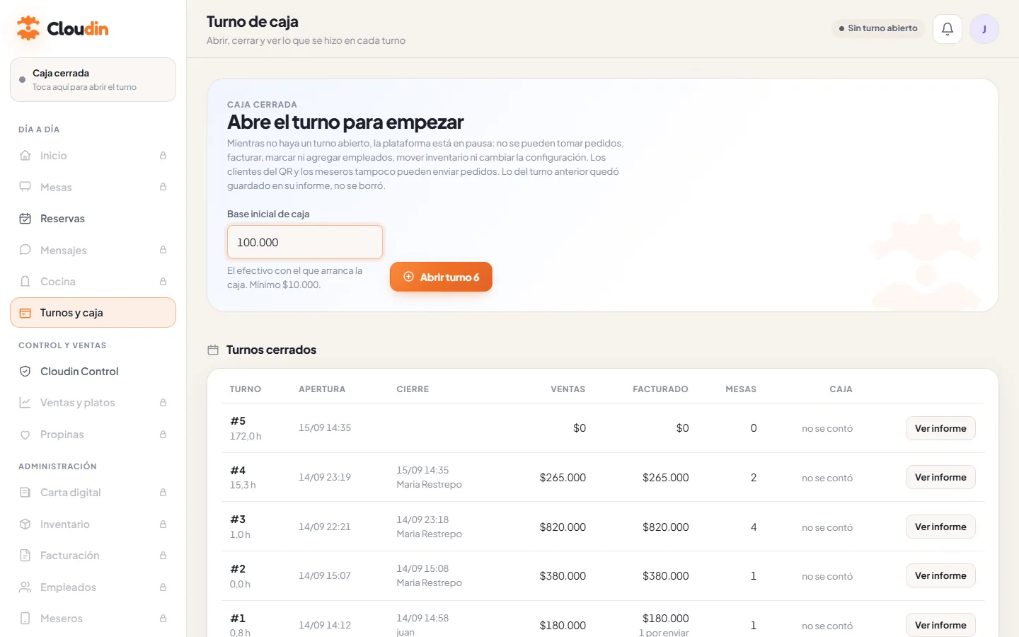 Apertura y cierre del turno de caja