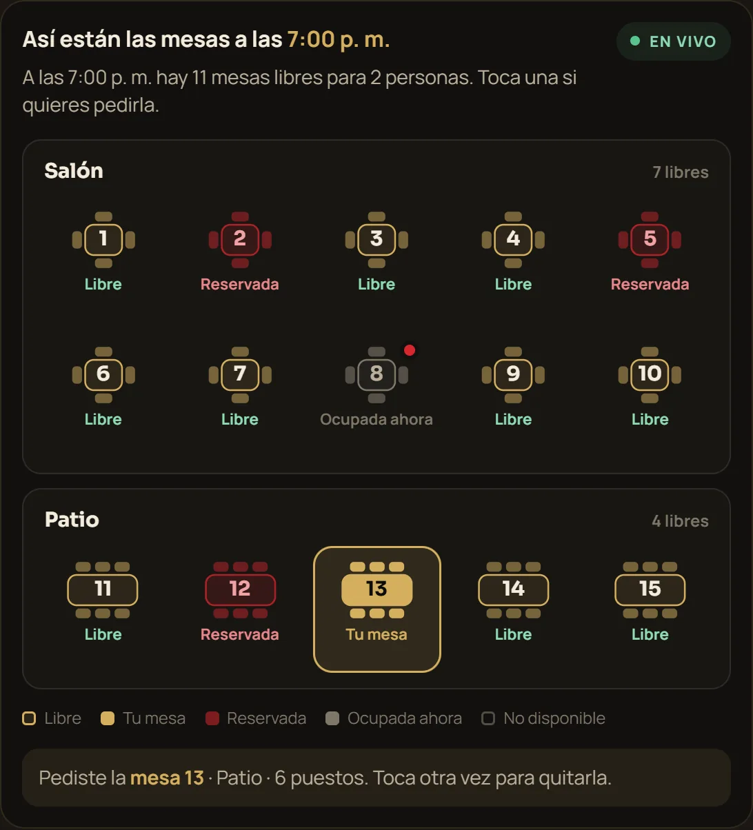 Plano de mesas en vivo para reservar