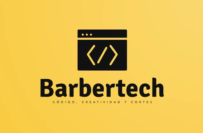 Logo de BarberTech: una ventana de navegador con el símbolo de código, y la frase Código, creatividad y cortes.